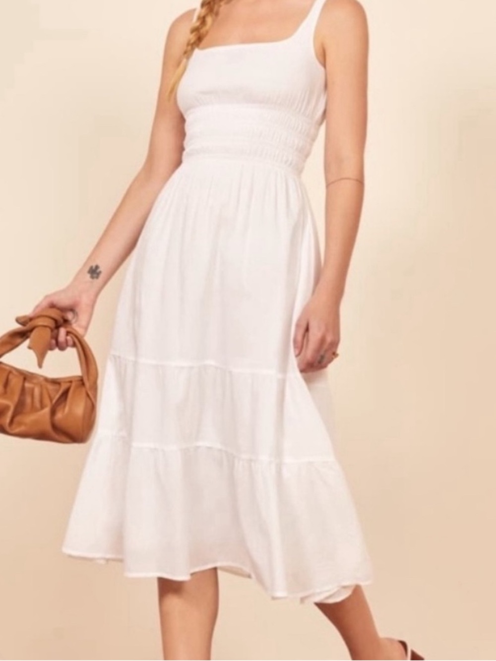 Reformation Lora White Cotton Smocked Midi Dress Size: XS